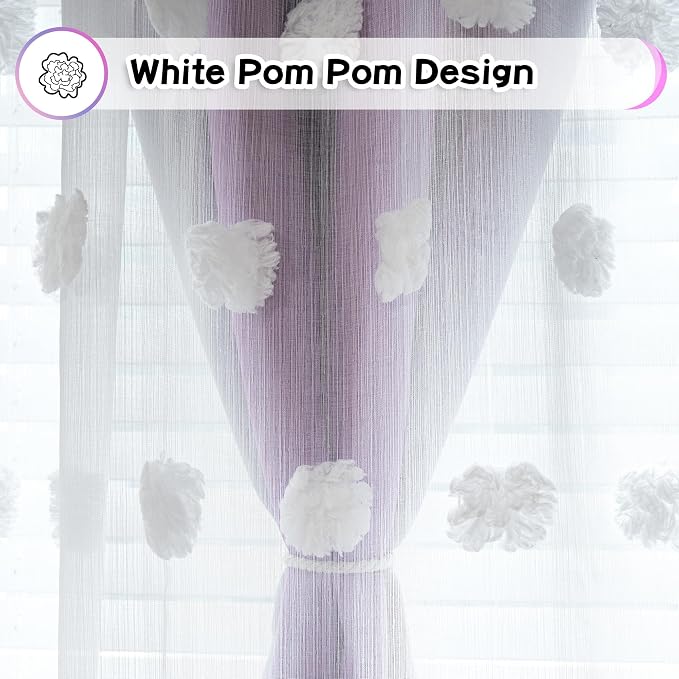 MYSKY HOME Pom Pom Curtains Blackout and Sheer Curtains for Girls Bedroom Ombre Nursery Curtains 84 Inch Long Room Darkening Princess Double Layer Curtains with Grommet Top Pink Purple 52 x 84 in