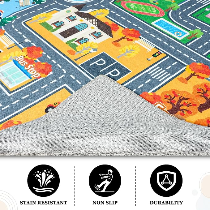 Car Rug for Kids Toy Cars, Town City Track Road Carpet Playmat with Non-Silp Backing, Traffic Playmat for Road Washable Rugs Four Seasons Theme Traffic Mat for Kids Room Bedroom Game Safe Area, 3'x4'