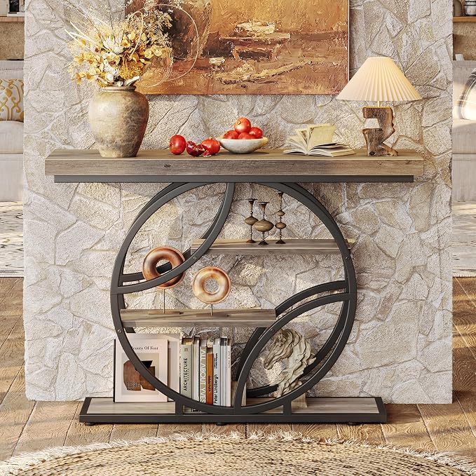 Huuger 41.3 Inch Entryway Table, Modern Console Sofa Table, Accent Table with Shelves, for Entry, Hallway, Entrance, Foyer, O-Shaped Metal Frame, Grey
