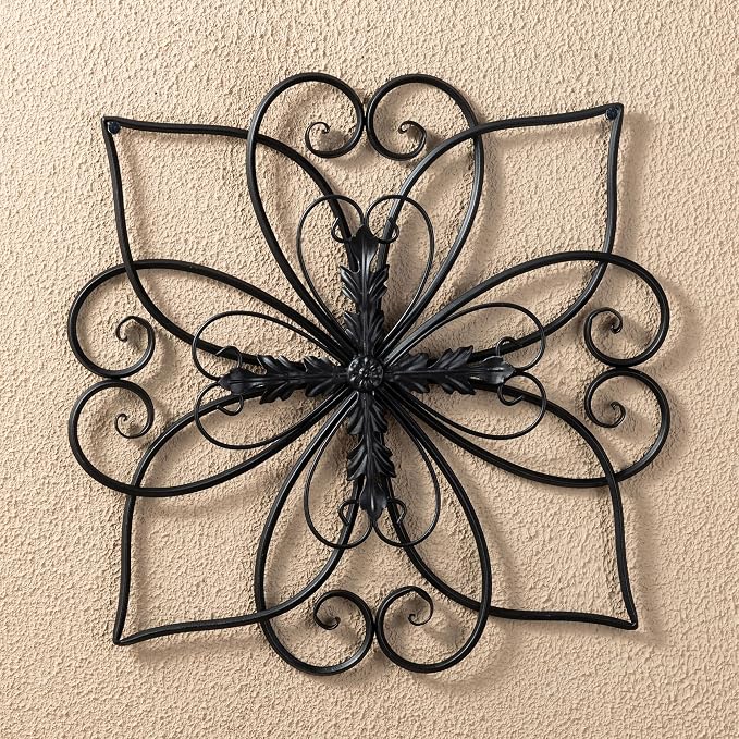 Glitzhome Black Metal Wall Art Decor, 20 Inch Iron Wall Decor with Heart and Petal Scroll Design, Indoor Outdoor Wall Accent for Garden Porch Patio