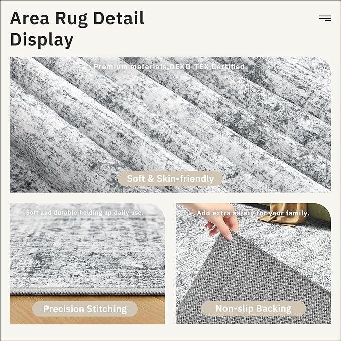 Soalmost 2x3 Washable Rugs for Kitchen, Floor, Entryway, Powder Room Small Area Rug Non-Slip Vintage Low Pile Throw Door Mat Grey