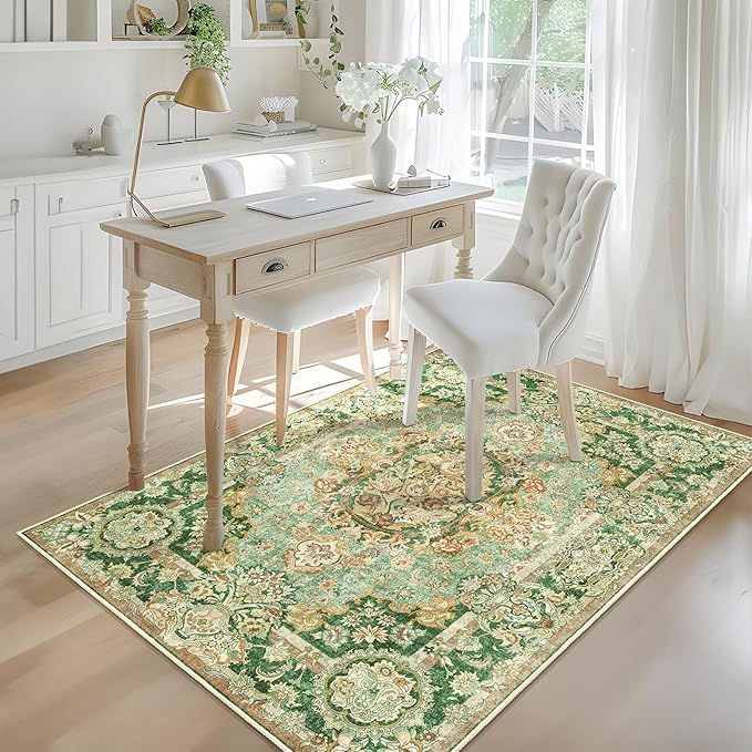 Boho Vintage Floral Area Rug 3x5, Low Pile Non Slip Washable Rug for Entryway Bedroom Living Room, Small Decorative Carpet,Sage Green