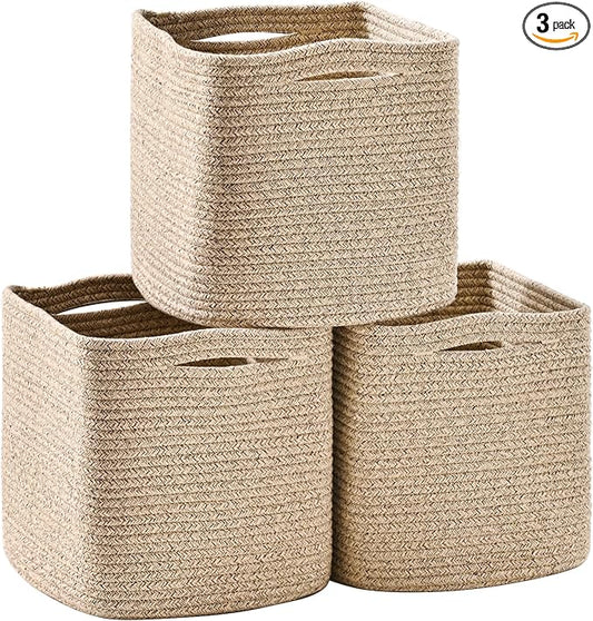 ICERZCZ 11 Inch Cube Storage Bins, Storage Cube Organizer Bins, Woven Cotton Rope Baskets for Storage, Storage Basket for Organizing Shelves, Square Baskets for Toys Nursery, Brown (Pack of 3)
