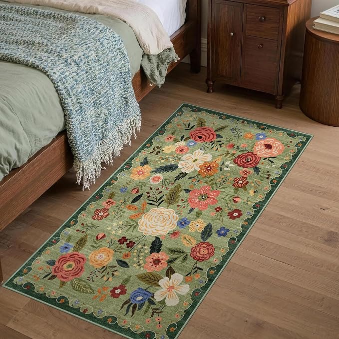 2x4 Washable Runner Rug Kitchen Hallway Area Rug Vintage Boho Floral Ultra Non-Slip Low Pile Soft Faux Wool Carpet Kids and Pets Friendly for Bathroom Bedroom Entryway Nursery Home Rug Light Green
