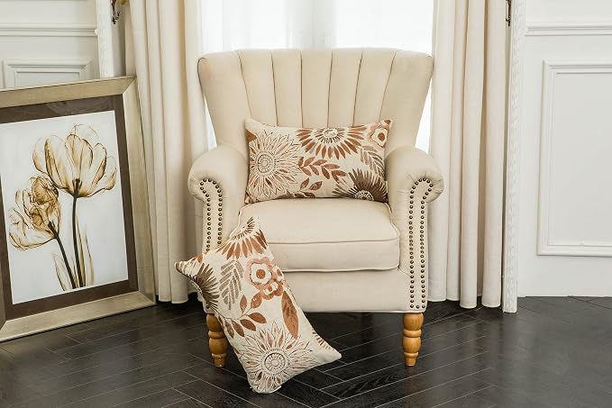 Mika Home Pack of 2 Decorative Oblong Rectangular Throw Pillow Cover Cushion Cases for Chair,Sunflower Pattern,12x20 Inches, Brown Cream