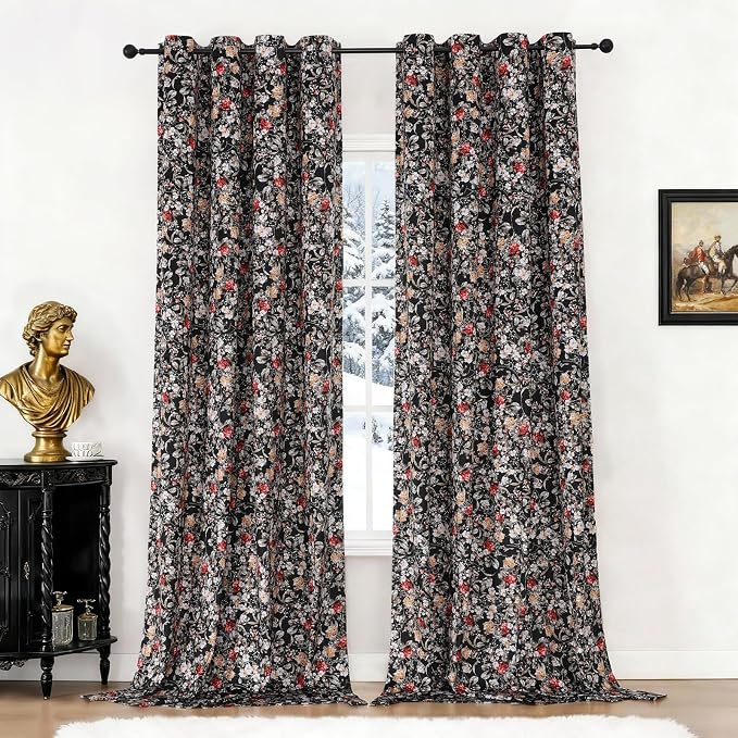 Estelar Textiler Black Velvet Blackout Curtains 84 Inch Long for Living Room, Luxury Floral Printed Energy Saving Thermal Insulated Light Blocking Window Grommet Drapes for Bedroom, 52Wx84L, 2 Panels