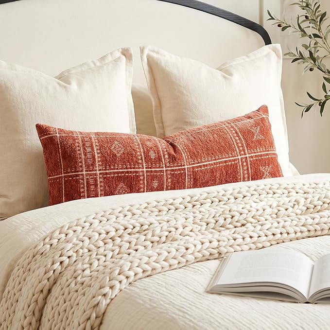 BlissBlush Decorative Lumbar Pillow Cover 14x36, Long Decorative Throw Pillow for Bed, Terracotta Rust Red Boho Textured Chenille Accent Pillowcase for Bedroom Home Décor (Cover Only)