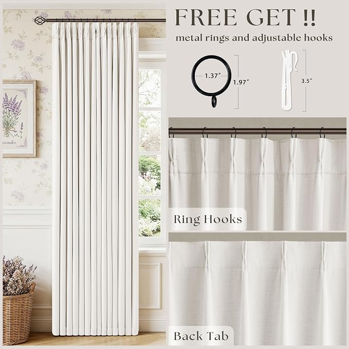 105 Inch Pinch Pleated Blackout Linen Curtains for Bedroom 2 Panels Memory Trained 100% Black Out Soundproof Room Darkening Ivory Beige Off White Window Curtains Double Layer Pinch Pleat Drapes