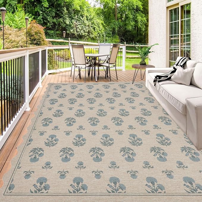 ORTIGIA Scalloped Easy Jute 8x10 Area Rug Vintage Blue Floral Farmhouse Washable Rug Non-Slip Indoor Outdoor Carpet for Living Room Bedroom Patio Entryway