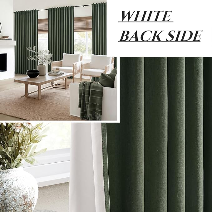 Dark Olive Green Curtains 70 Inch Length Extra Wide Pleated Black Out 90 Inch Long for Living Room, Linen Thick Sliding Glass Door Heavy Duty Insulated Large Window Drapes (70"Wx90"Lx 2Panels Loden)