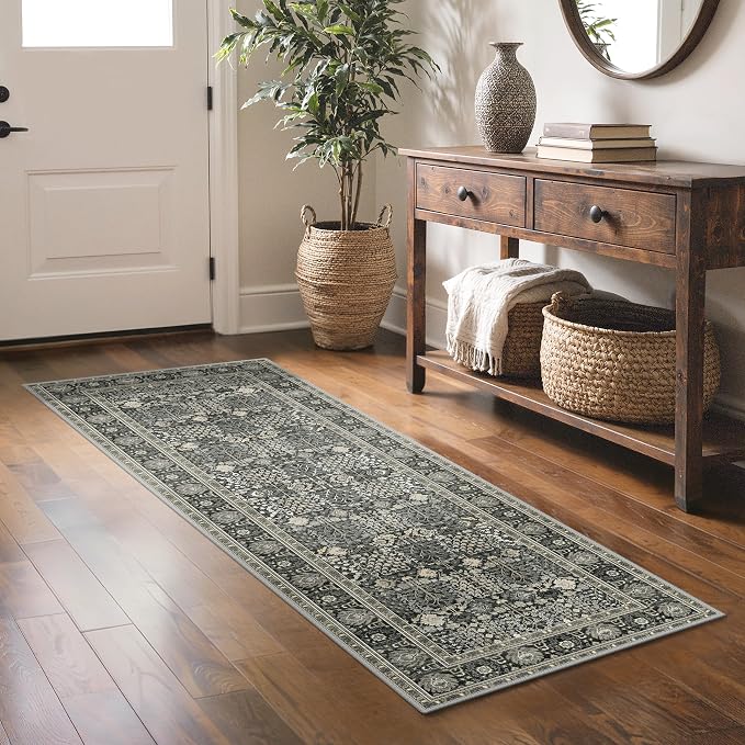 Bavni 2X6 Rug Runners for Hallways, Washable Runner Rug Non Slip, Vintage Floral Print Style Rugs for Bedroom-Lightweight Low Pile Carpet for Kitchen Bathroom,Black