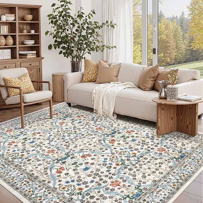 GarveeHome 6x9 Washable Area Rug for Living Room, Floral Dining Room Rugs for Under Table, Low Pile Non-Slip Stain Resistance Floor Carpet for Bedroom, Beige