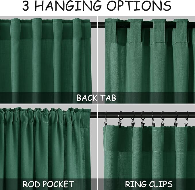Nanspring Dark Green Linen Curtains 96 Inches Long 2 Panels Set for Living Room Rod Pocket Back Tab Semi Sheer Light Filtering Protect Privacy Emerald Green Curtain for Bedroom Floor Length 52x96