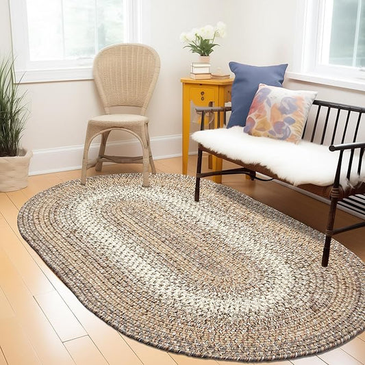 Super Area Rugs Braided Rugs 4X6 Farmhouse Kitchen Rug - Ridgewood Braided Rug for Living Room - Reversible - Indoor/Outdoor - Made in USA - Taupetone/Beige, 4' X 6' Oval