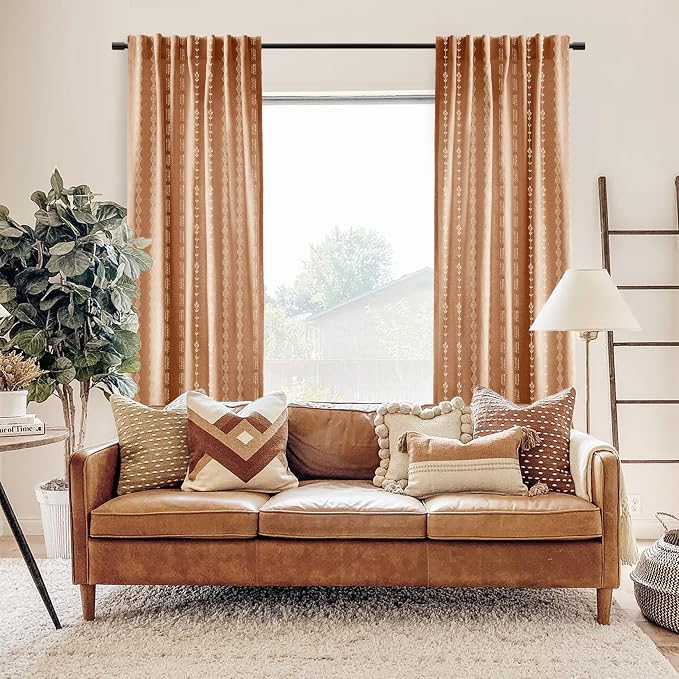 Retro Country Curtains 63 Inch Length for Living Room Kitchen Window 2 Panel Set,Sheer Fun Print Rust Burnt Orange Funky Floral Printed Boho Mid Century Modern Curtains for Bedroom 63 Inches Long
