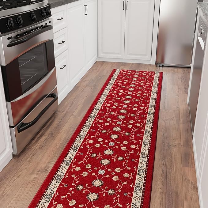 Ottomanson Hallway Runner Rug 2'7" x 10' – Soft Non-Slip Rug, Low Pile Carpet for Entryway, Kitchen & Long Hallways in Apartments and Homes, Mahal Red