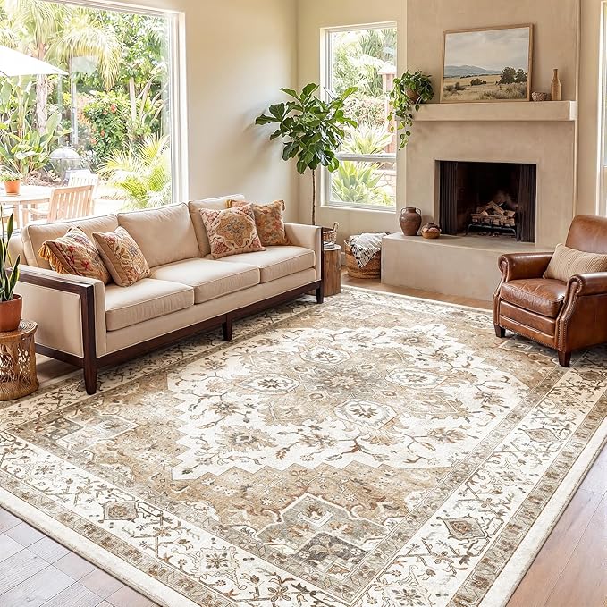Amada 8x10 Area Rugs, Low-Profile Large Washable Area Rug with Non-Slip Backing & Durable Edge Binding, Vintage Rugs for Living Room, Bedroom, Dinning Room