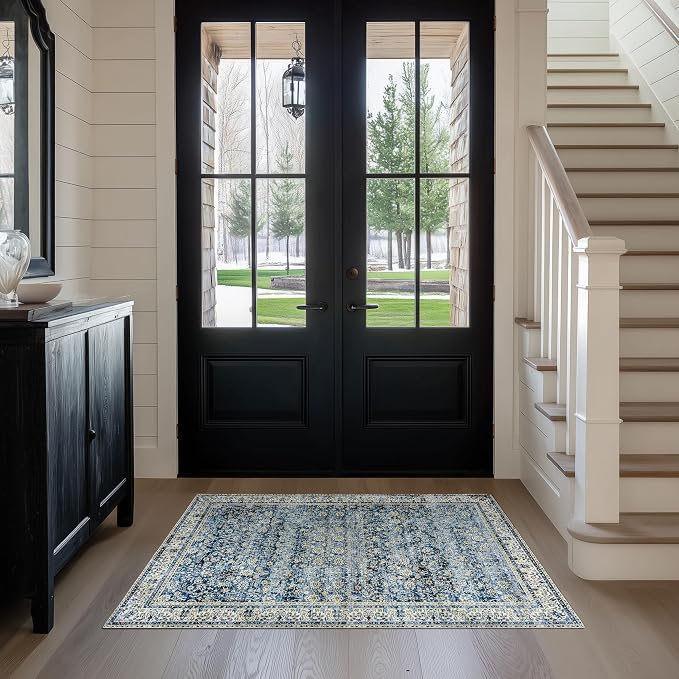 BILEEHOME Vintage Blue Kitchen Rugs 2x3 Dark Blue Distressed Low Pile Area Rug for Entryway Bathroom Washable Non Slip Boho Retro Floral Carpet for Side of Bed Entry 2 x 3