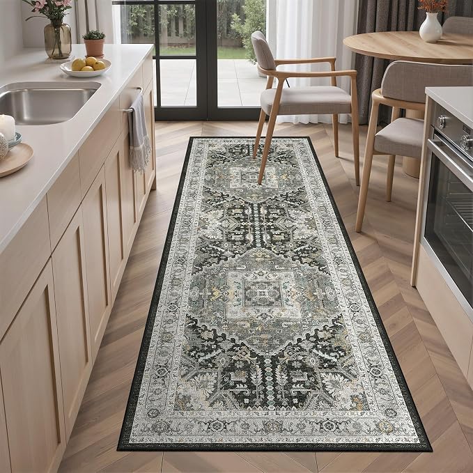 Madane Washable Kitchen Runner Rug 2x6, Ultra-Thin Non-Slip Hallway Runner, Stain Resistant Vintage Entryway Carpet Runner, Pet Friendly Low Pile Runners, Grey Green/Black Olive