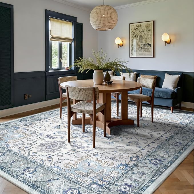 6x9 Area Rugs - Washable Rug Vintage Distress Boho Medallion Rugs for Living Room, Soft Non-Slip Backing Low Pile Carpet for Bedroom Dining Room Office Nursery Dorm Home, Blue Grey Purple