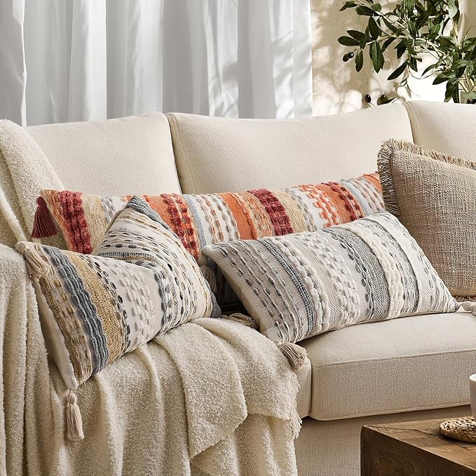 Kevin Textile 14x36 Inch Long Lumbar Pillow Cover 1 Pack Fall Boho Decorative Rectangle Cushion Case Throw Soft Chenille Thread Woven Tufted Textured for Living Room Couch Sofa Bed, Burnt Orange
