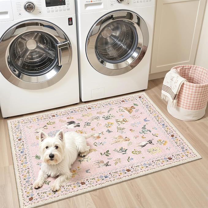 Soalmost 2x3 Dog Rugs for Entryway, Machine Washable Door Mat Animal Floral Small Area Rug Non-Slip Low Pile Soft Throw Rugs for Entrance Kitchen Indoor Front Door Kids Room (2 x 3,Pink)