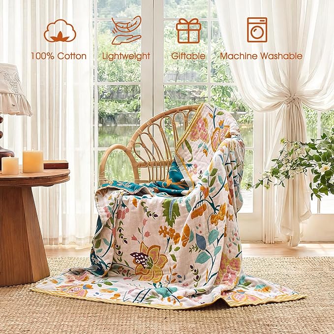Boho Throw Blanket - 60"x80" 100% Cotton Ultra Soft Lightweight Blanket, 4-Layer Breathable Muslin Spring Blankets for Bed Couch, Reversible Green Floral Printed Bohemian Cotton Quilt