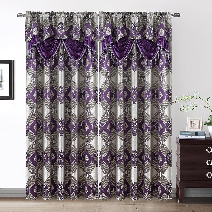 Petrichor Elegant Curtains with Gold Silver Threads 2 Panels Set - Luxury Window Treatment Attached Valance, Sheer Backing, and 2 Tie Backs for Bedroom and Living Room, 54x84 inches, Purple