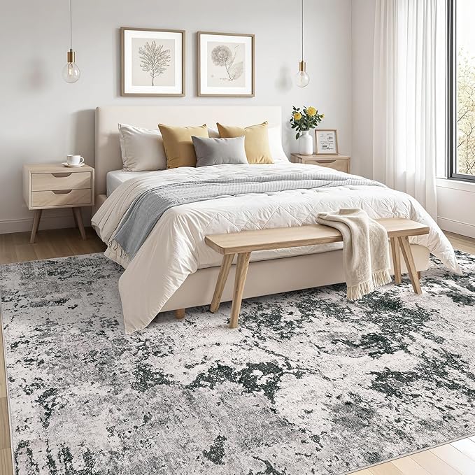 Area Rugs for Living Room: 7x9 Abstract Washable Rug Modern Neutral Large Soft Stain Resistant Non-Slip Backing Machine Table for Bedroom Dining Room Indoor Home Office Carpet - Grey Black