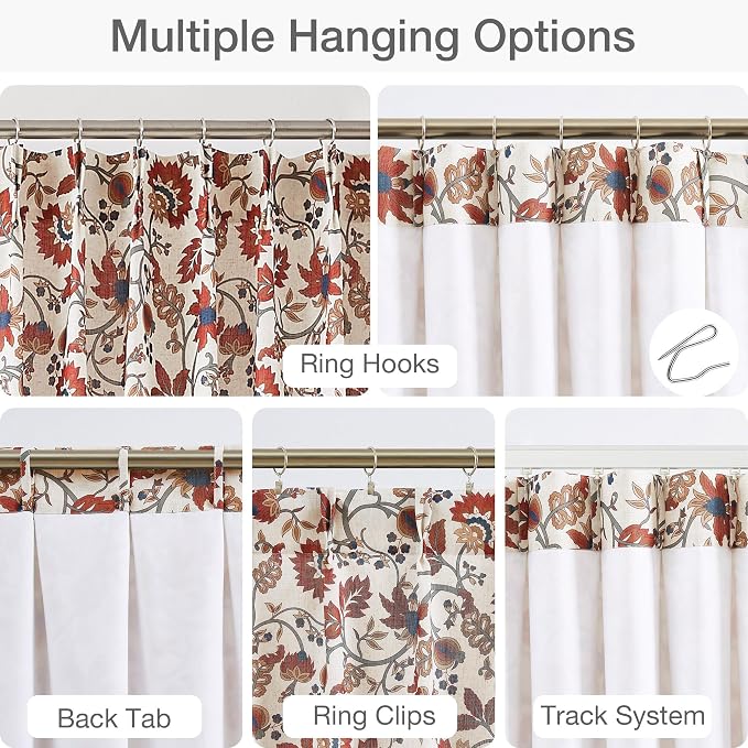 Vision Home Red Floral Pinch Pleat Light Filtering Curtains, Linen Pleated Lined Cottage Drapes Back Tab Hooks for Living Room Bedroom, Vine Botanical Jacobean Print Panels 40x108 Inch Set of 2