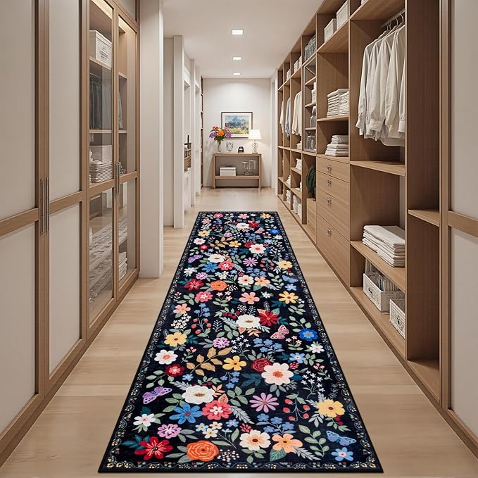 Runner Rug for Entryway: 3x10 Kitchen Rugs Non Slip Washable Ultra-Thin Soft Floral Carpet Indoor Floor Stain Resistant Carpets for Hallway Bedroom Kitchen Laundry Bathroom Dorm Black