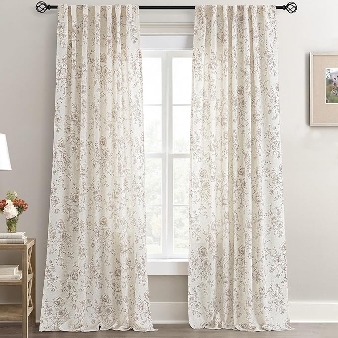 Coffee Floral Curtains 92 inches Long Back Tab Farmhouser Living Room Light Filtering Curtains Coffee Pattern Print on Cream White Linen Curtain Minimalist Aesthetic Sketch Style Vintage Room Decor