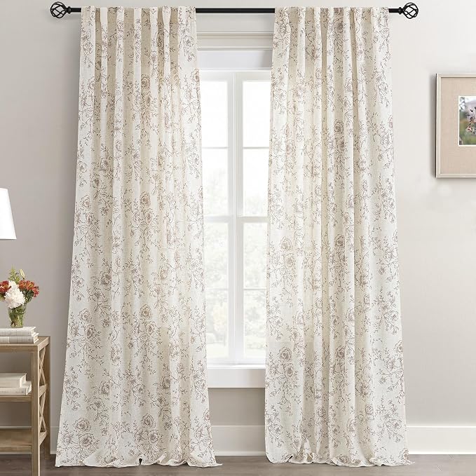 Coffee Floral Curtains 96 inch Length Back Tab Farmhouser Living Room Light Filtering Curtains Coffee Pattern Print on Cream White Linen Curtain Minimalist Aesthetic Sketch Style Vintage Room Decor