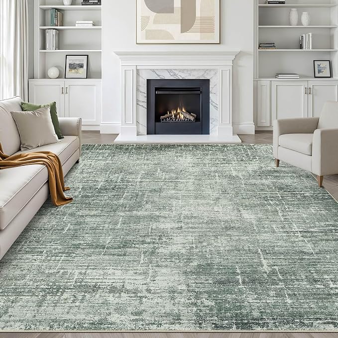 7x9 Area Rug Living Room: Washable Large Neutral Rugs Abstract Soft Modern Stain Resistant Indoor Floor Non-Slip Carpet for Bedroom Nursery Kids Office Playroom Dining Room Under Table- Dark Green