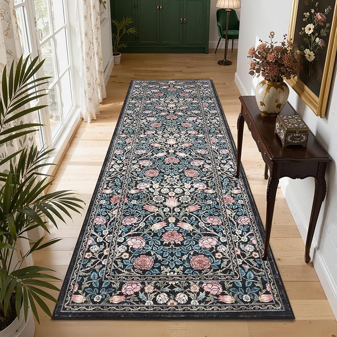 GarveeHome Indigo Blue 2.5x8 Runner Rug Washable Kitchen Rugs Non Slip Vintage Floral Boho Long Rug for Hallways Bedroom Entryway Bathroom Mat TPE Backing
