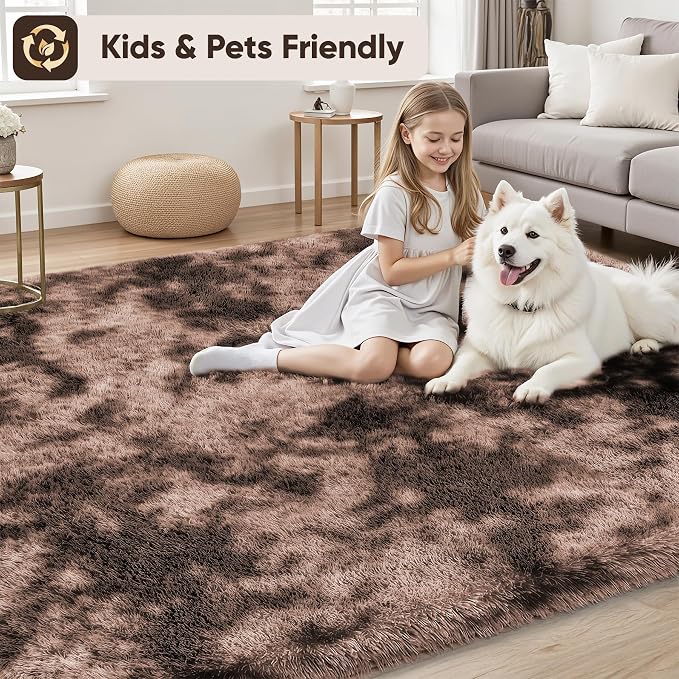 Area Rug for Living Room Bedroom: 9x12 Soft Fluffy Shag Upgrade Non-Slip High Pile Carpet Large Fuzzy Plush Indoor Floor Decor Shaggy Coffe Tie-Dyed Rug for Kid Boys Girls Playroom Nursery Modern Home