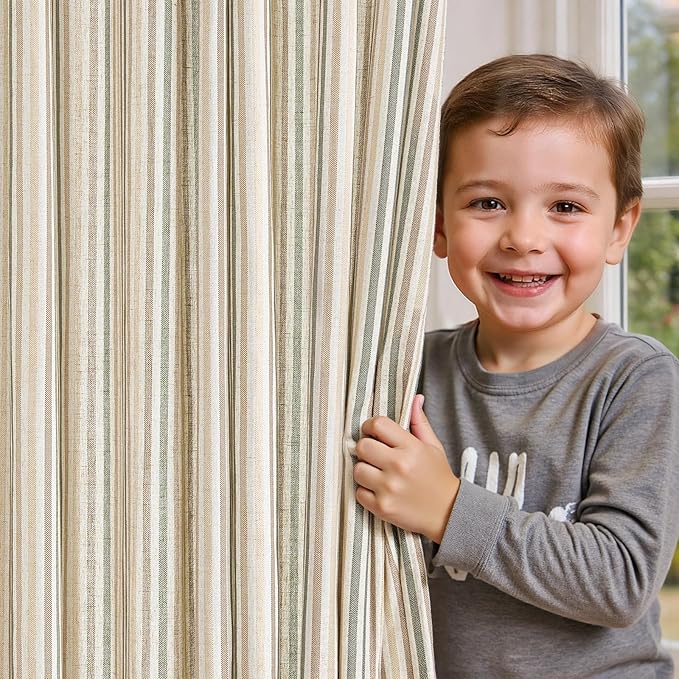 jinchan Linen Curtains 96 inch Green Stripe for Kids Room Grommet 2 Panels | Kids Curtains for Nursery Living Room Bedroom Baby Boys Room,Cute Colorful Ticking Stripe,Cottagecore Rustic,Light Filtering
