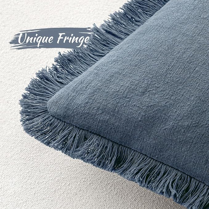 MIULEE Decorative Lumbar Throw Pillow Covers Neutral Linen Fringe Throw Pillows Set of 2 Blue Ashes Boho Farmhouse Cushion Covers for Couch Sofa Bed Living Room Spring Home Decor 12x20 Inch