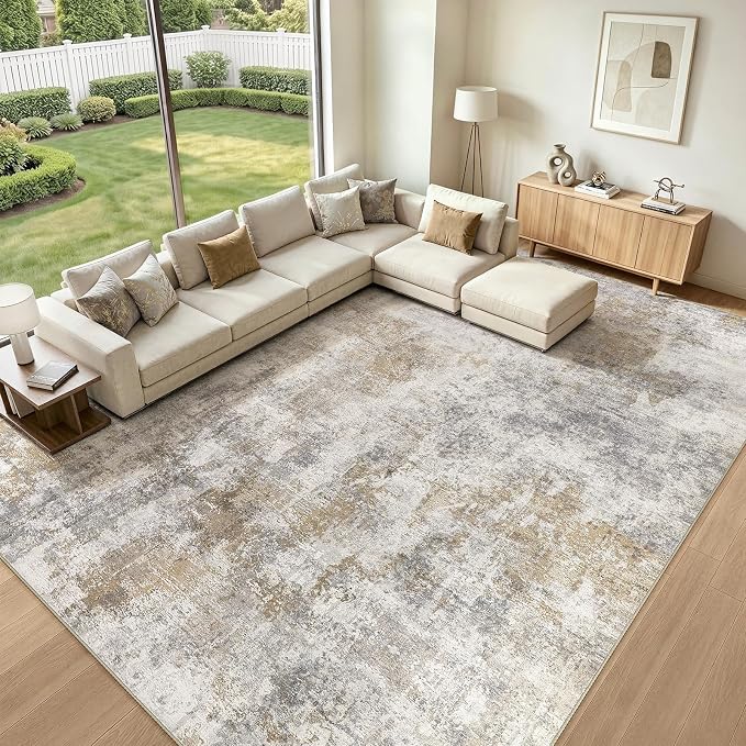 WITSHOCK Area Rugs 12x15 Living Room Rug - Washable Neutral Soft Low Pile Non-Slip Modern Abstract Thin Large Indoor Carpet for Bedroom Dining Room Nursery Office - Light Brown Grey