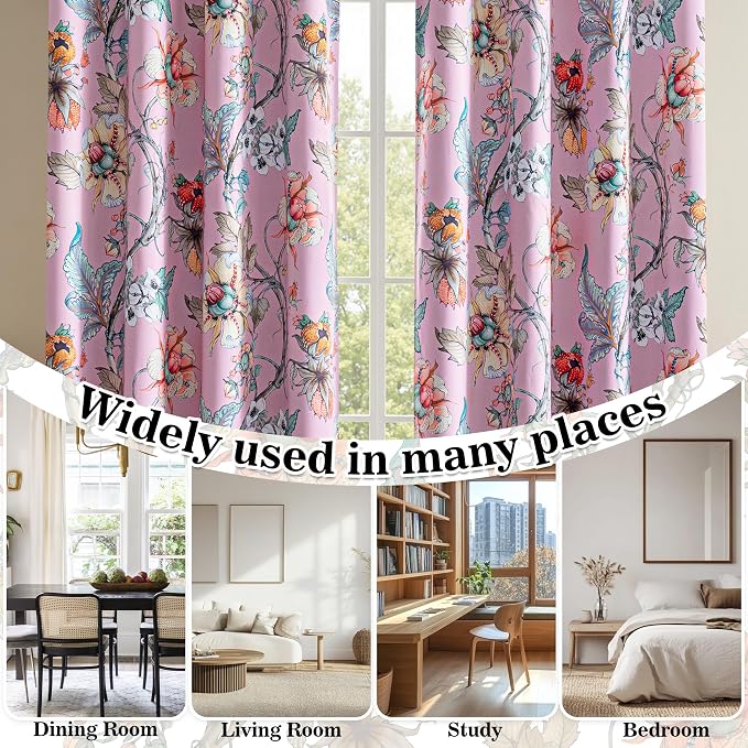 MYSKY HOME Floral Blackout Girls Room Curtains 54 inches Long for Small Window Botanical Thermal Insulated Light Blocking Grommet Country Window Panels for Home, 2 Pcs, Pink, 52" Wide