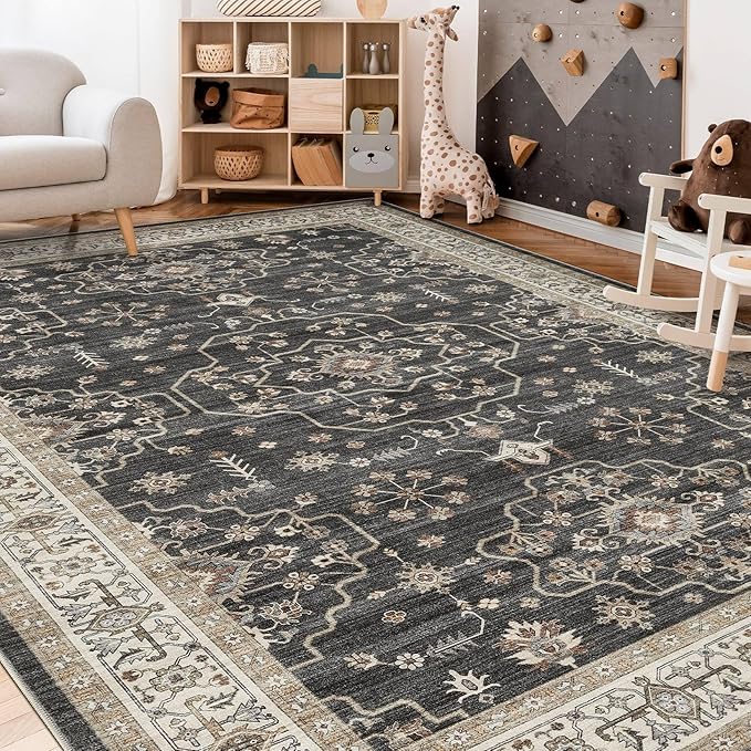 Area Rug for Living Room - 10x12 Soft Washable Oriental Vintage Floral Distressed Large Carpet - Fade Stain Resistant Non Slip Rugs for Bedroom Dining Room Nursery Dorm Office Home Decor - Black