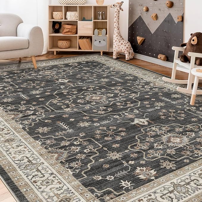 Area Rug for Living Room - 5x7 Soft Washable Oriental Vintage Floral Distressed Large Carpet - Fade Stain Resistant Non Slip Rugs for Bedroom Dining Room Nursery Dorm Office Home Decor - Black