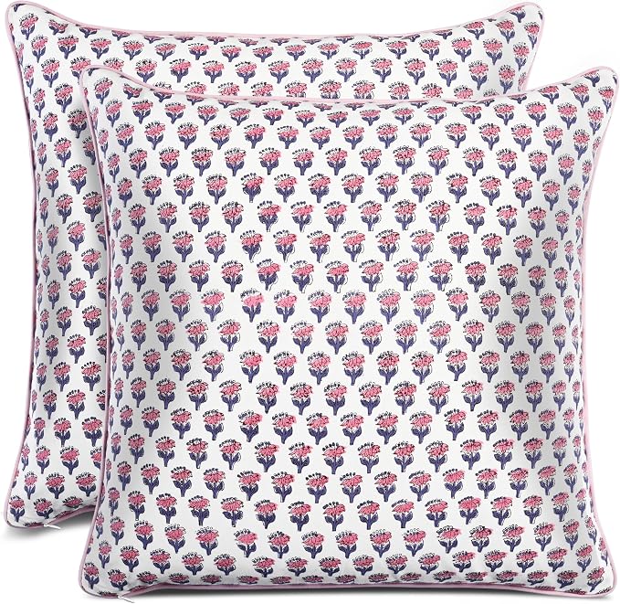 CPC 100% Cotton Throw Pillow Covers 24x24 Inch, Set of 2 Pink Block Print Pattern Couch Pillow, Cute Boho Decorative Pillows for Living Room, Bedroom with Hidden Zipper- Pink Sapphire