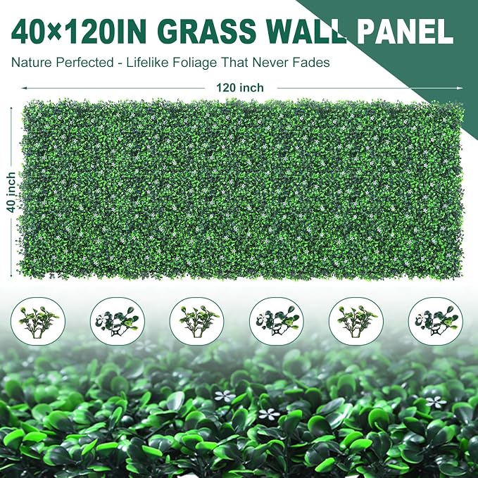 Yangrass Grass Wall Panels Roll, 40"x120" (33.33 sqft) Artificial Ivy with White Flower, UV-Anti Faux Boxwood Grass Wall Greenery Panels for Garden Patio Balcony Decor