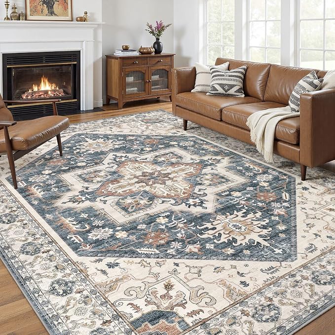 8x10 Area Rugs for Living Room - Large Carpet Ultra Thin Soft Washable Oriental Vintage Floral Distressed Rug Big Indoor Carpets for Bedroom Nursery Dorm Home Decor Aesthetic - Vintage Blue