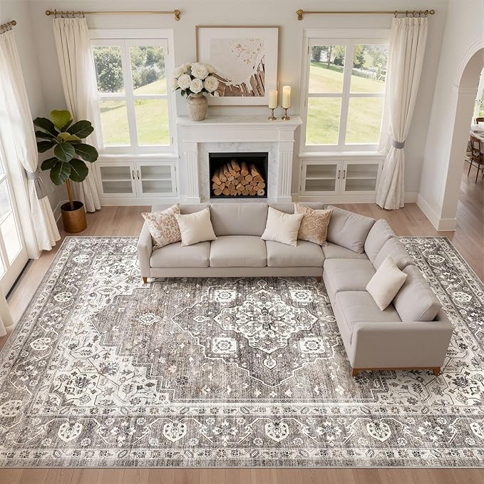 10x14 Area Rugs Living Room: Washable Boho Large Neutral Vintage Soft Rug Stain Resistant Farmhouse Non-Slip Indoor Rustic Floor Carpet for Bedroom Nursery Kids Playroom Office Dining Room- Dark Brown