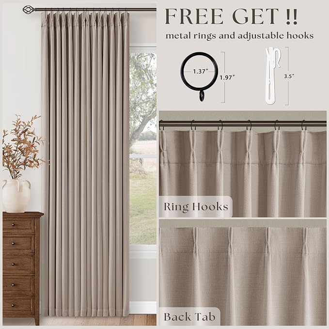 60 Inch Extra Wide 100% Blackout Curtains 92 Inches Long 1 Panel for Bedroom, Burlywood Birch Memory Trained Pleated Thick Linen Thermal Noise Reducing Windows Curtain Light Blocking Drapes 60x92
