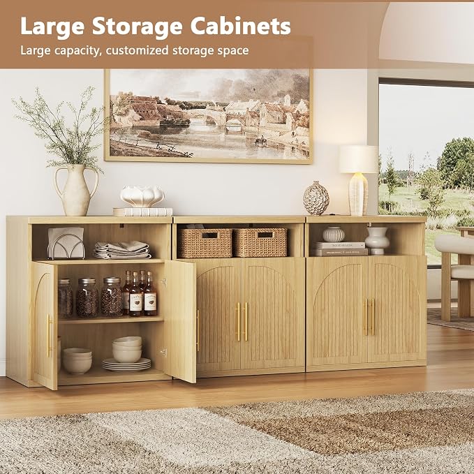 Fluted Buffet Cabinet with Storage, 31.5" Wide Wood Sideboard Credenza with Open Storage Shelf & Adjustable Shelves, Modern Kitchen Entryway Accent Table for Dining Room Living Room Hallway, Oak
