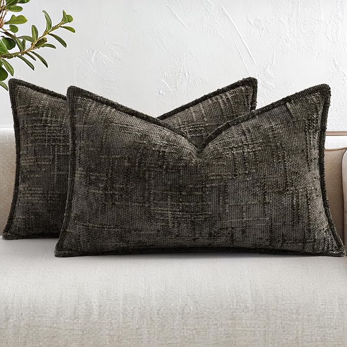 decorUhome Chenille Throw Pillow Covers 12x20 Set of 2, Soft Textured Slubby Modern Decorative Pillow Covers with Elegant Design for Couch, Sofa, Living Room, Chocolate