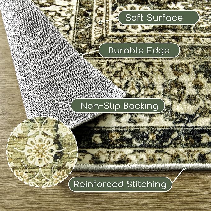 Olive and Tan Area Rugs Washable Rug for Living Room Bedroom Boho Farmhouse Floral Vintage Soft No Slip Extra Large Carpet for Dining Room 9x12